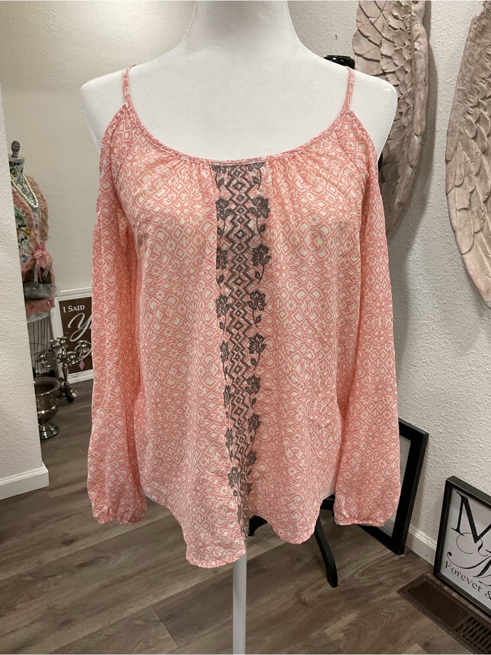 Rewind Coral Cold-Shoulder Tunic with Embroidered Center